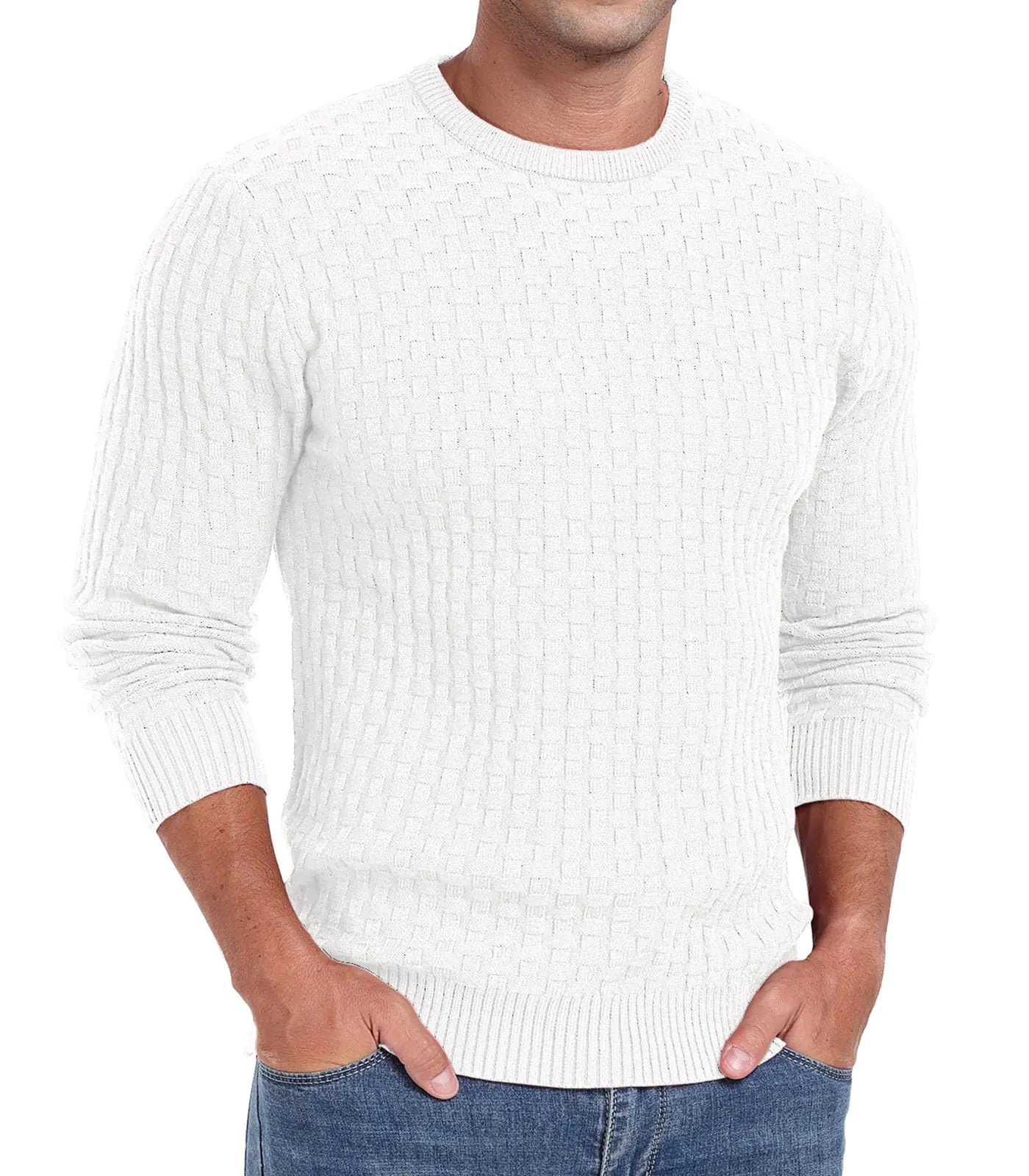 Askdeer Mens Crewneck Pullover Sweater Waffle Long Sleeve Casual Sweater Soft Knit Waffle Texture Sweater Ribbing Edge White