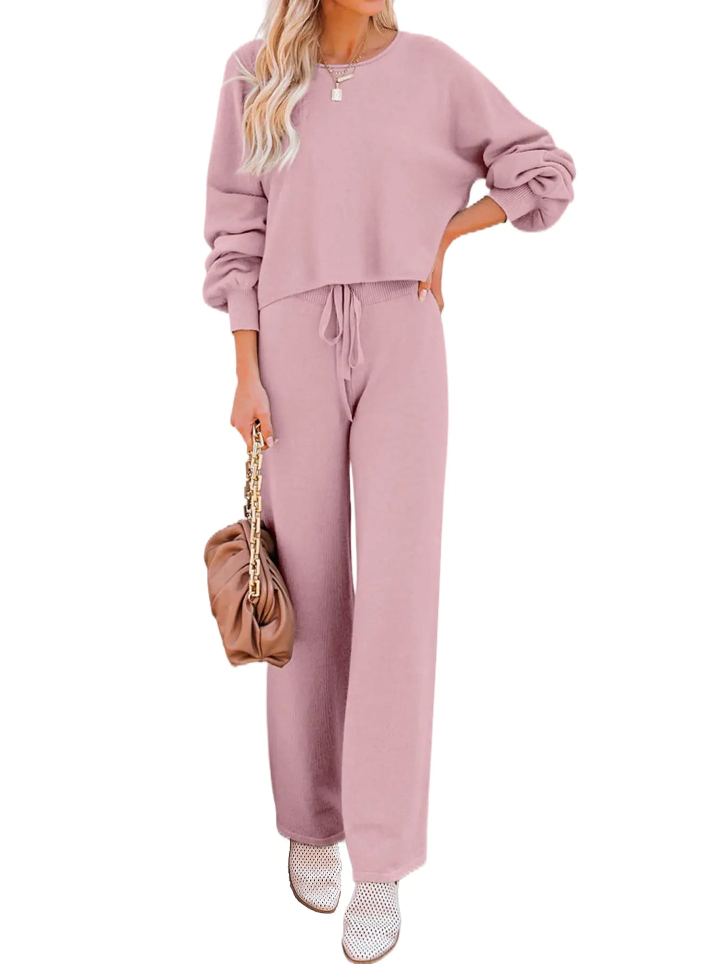 Ekouaer Knit Lounge Sets for Women 2 Piece Cozy Long Sleeve Pullover Sweater Top and Wide Leg Pants Set Pajamas Outfits Pink