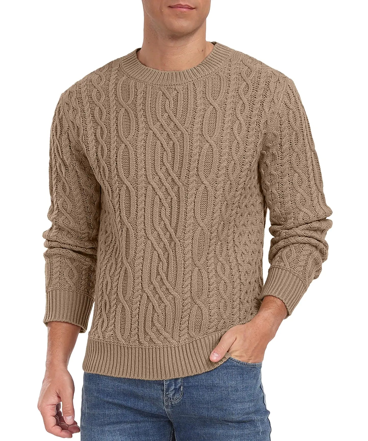 Askdeer Mens Cable Knit Pullover Sweater Long Sleeve Crew Neck Knit Sweater Soft Casual Sweaters with Ribbing Edge Khaki