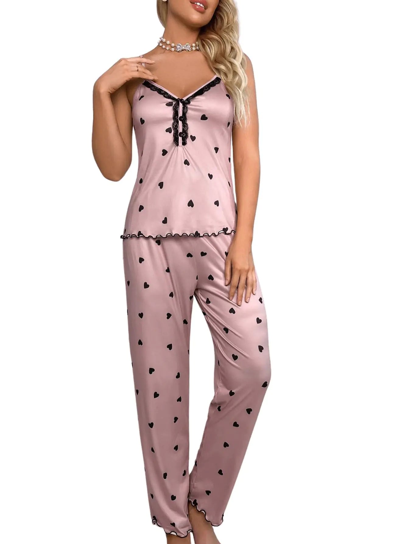 COZYEASE Womens 2 Piece Pajama Set Heart Print Lace Trim Cami Top and Pants Cute Pj Set Soft Sleepwear Dusty Pink X-Large