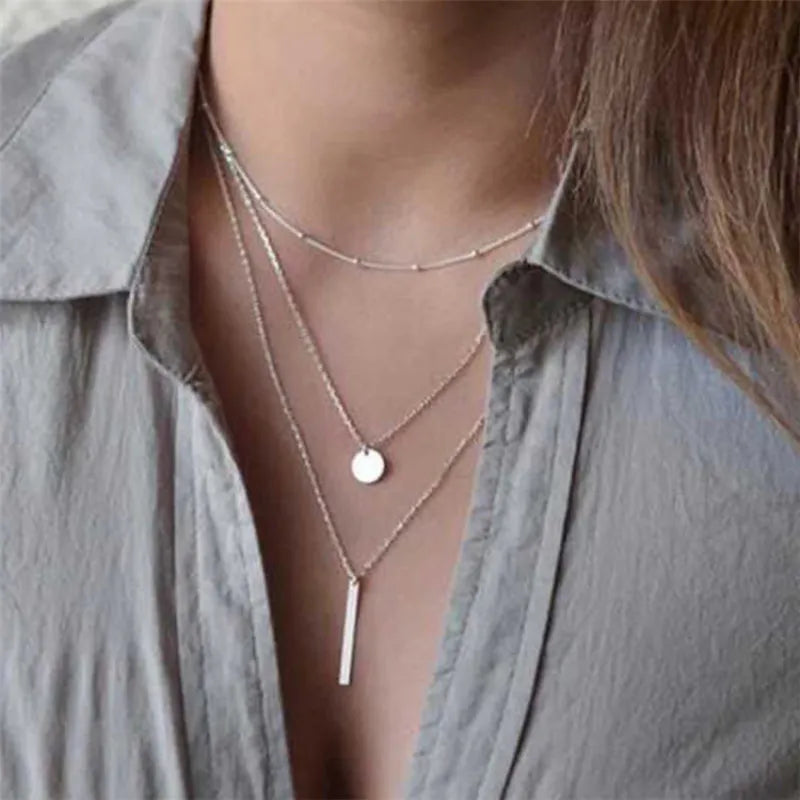 Three Layers Gold Plated Coin Long Pendant Necklace