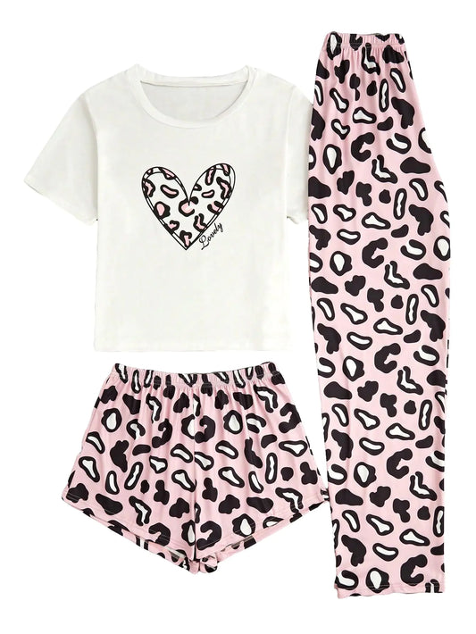 WDIRARA Womens 3 Piece Sleepwear Cow Print Short Sleeve Round Neck Tee Top and Shorts Pajamas Set with Pants Leopard Pink Small