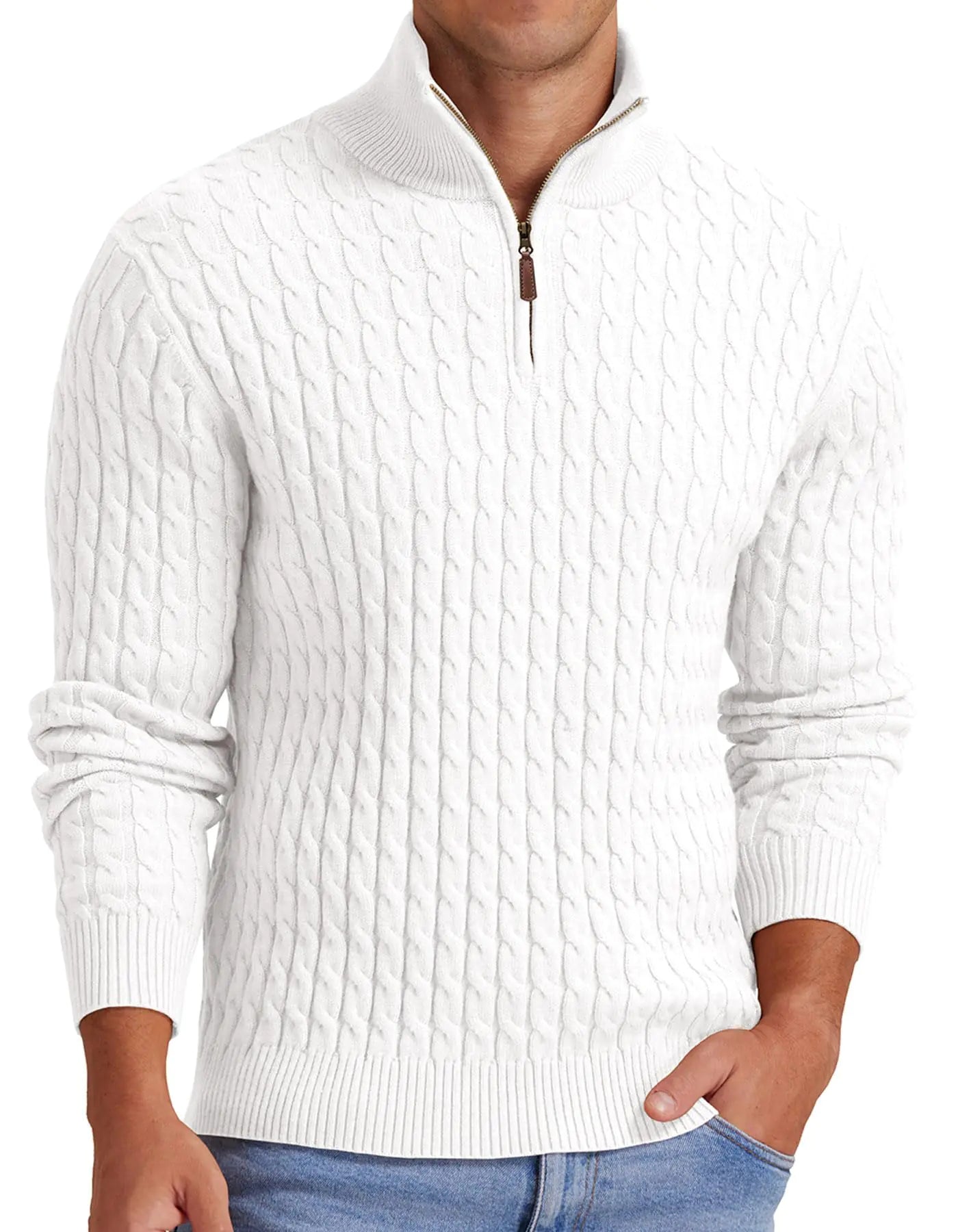 Askdeer Mens Quarter Zip Sweater Cable Knit Sweater Mock Neck Polo Sweater Soft Casual Pullover Sweater with Ribbing Edge White