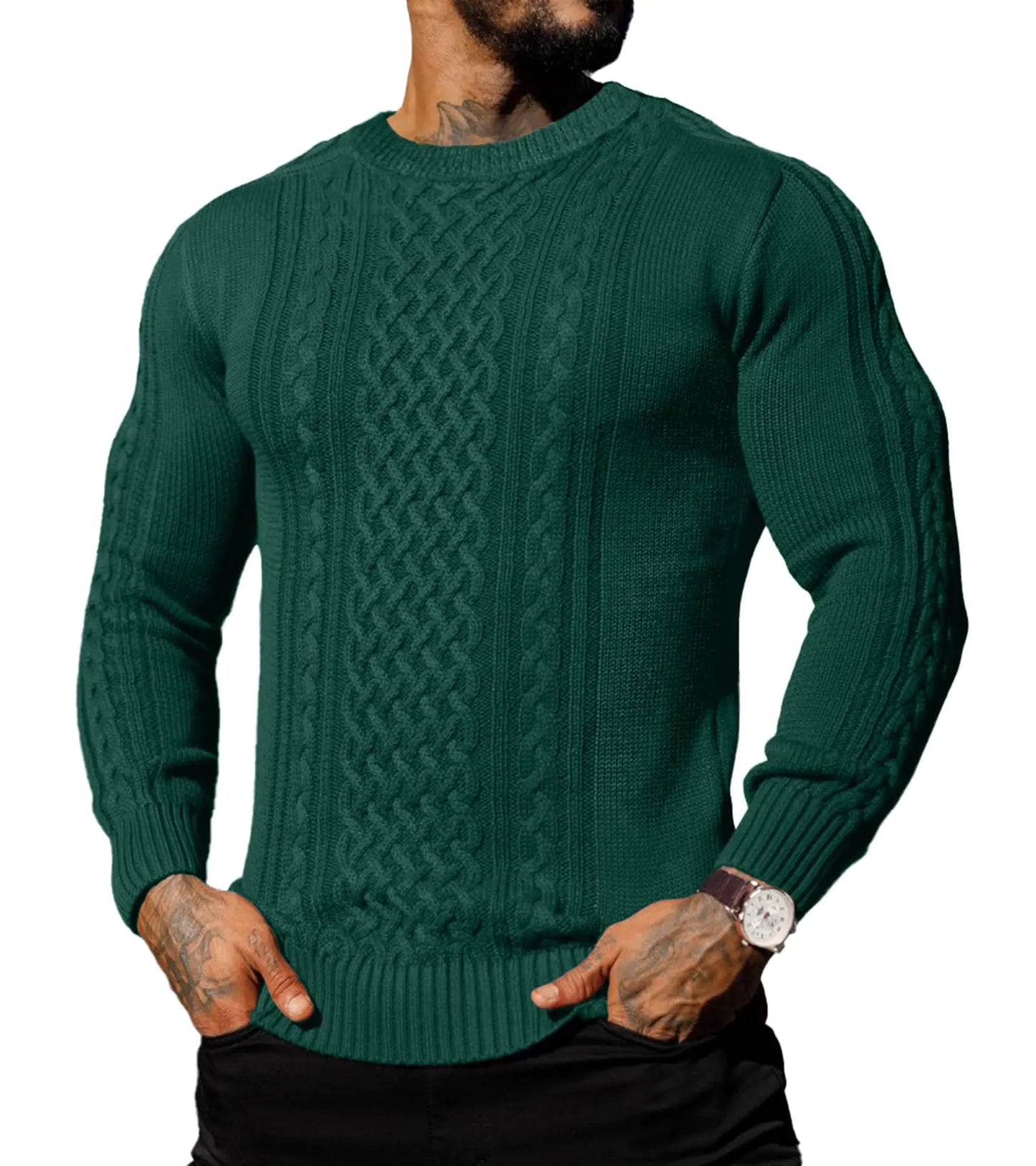 Askdeer Mens Pullover Sweater Fisherman Cable Knit Crewneck Sweater Winter Casual Knitted Sweaters with Ribbing Edge Green